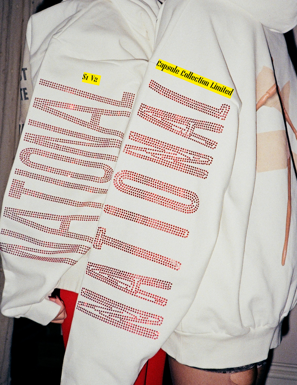 White hoodie rhinestone design comparison. Season 1: V1 vs V2.